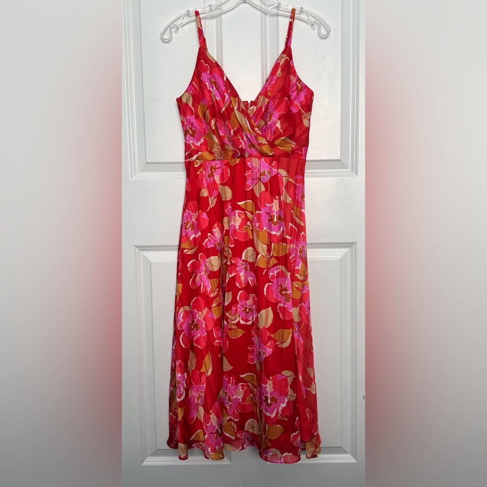 LULUS Women’s Orange Red Pink Spaghetti Strap Floral Garden Party Dress Size M